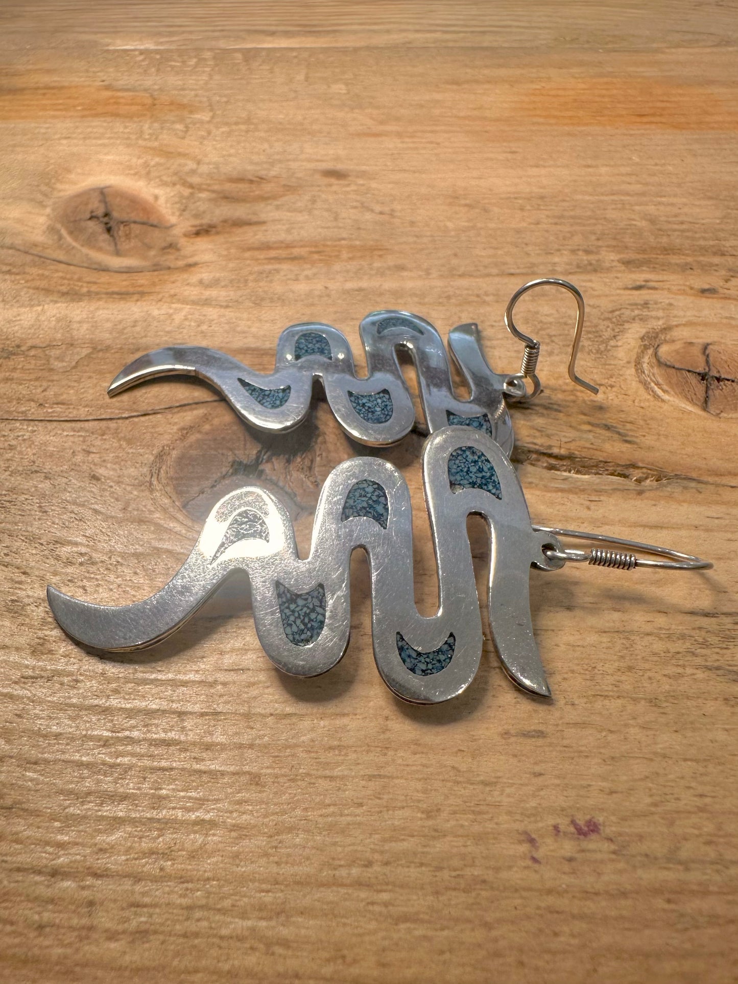 Vintage Turquoise Inlay Zig Zag 925 Silver Mexico Earrings