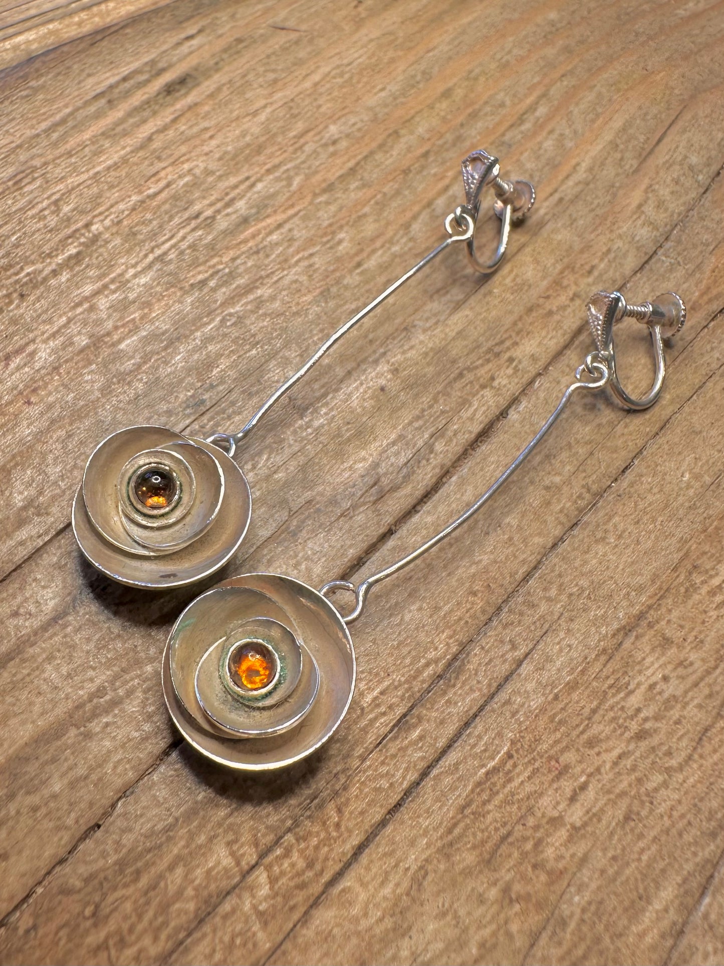 Modernist Yellow Orange Stone Flower Dangle Screw On 925 Sterling Silver Earrings