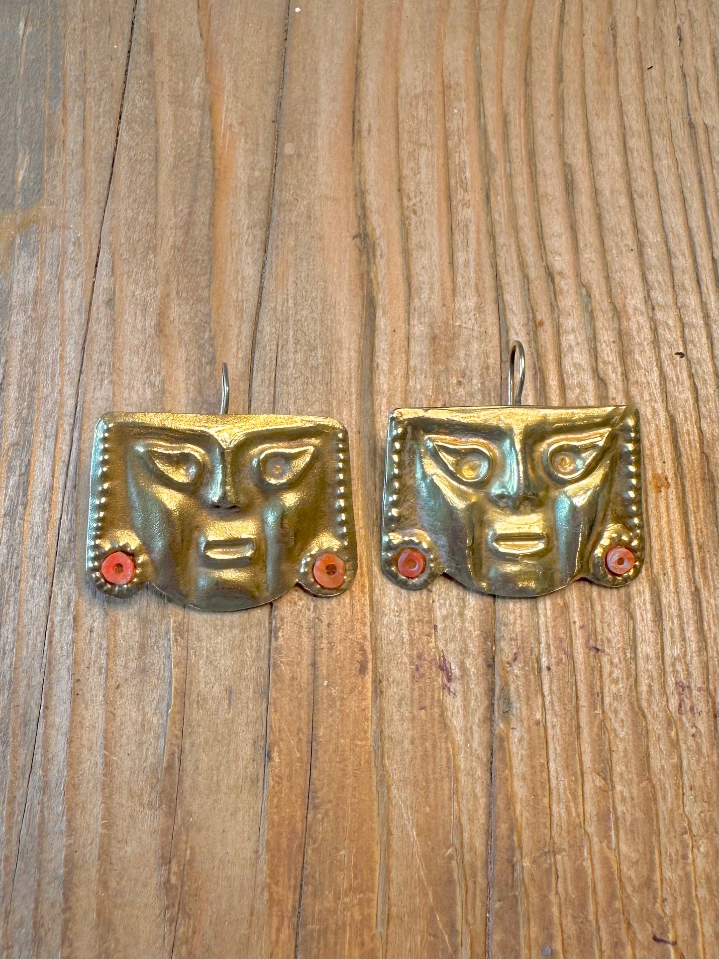Peruvian Coral Mask Style Gold Toned Brass Earrings