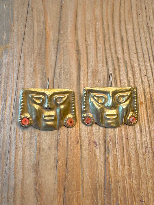 Peruvian Coral Mask Style Gold Toned Brass Earrings