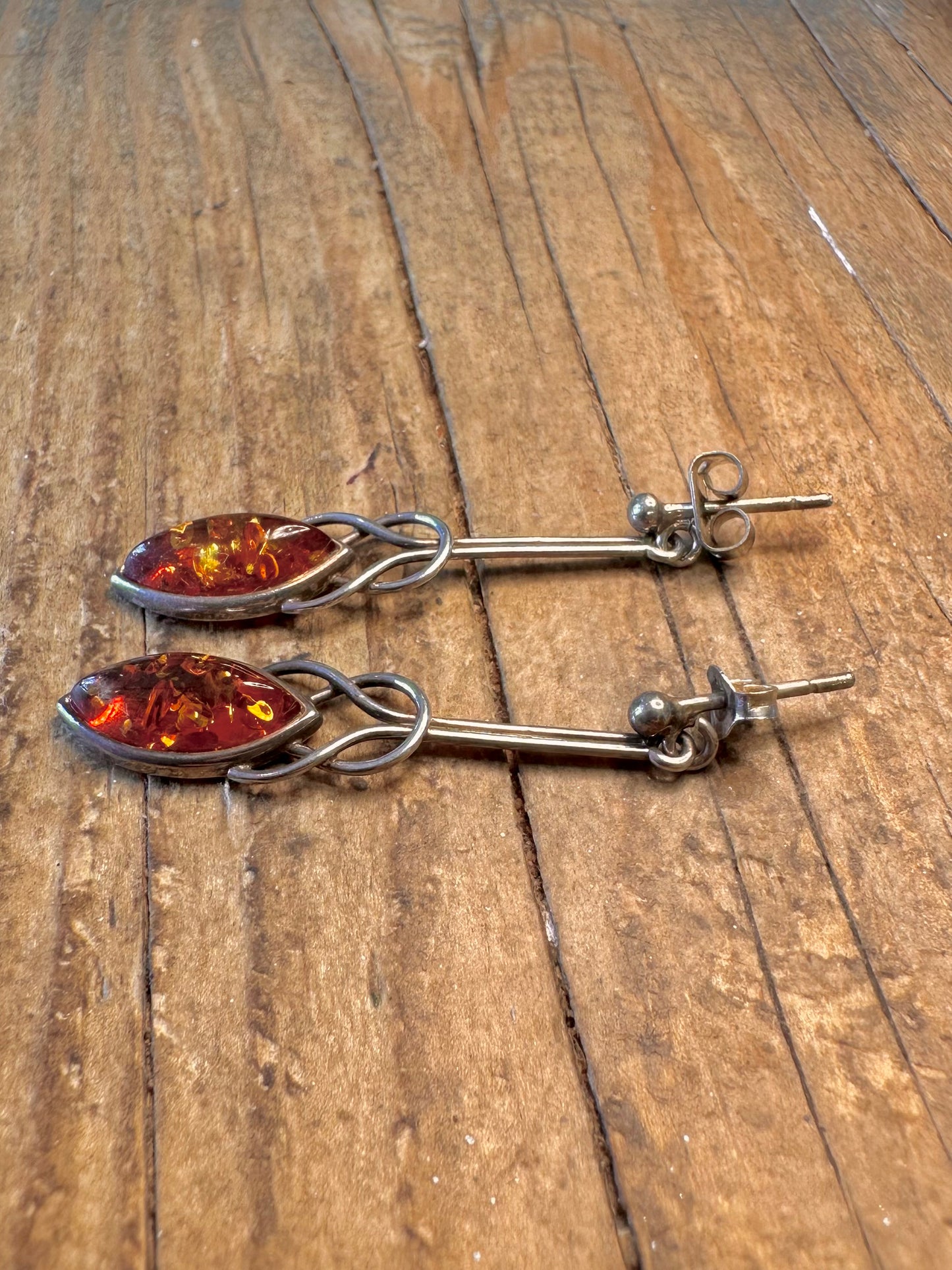 Amber Celtic Inspired Art Nouveau 925 Sterling Silver Earrings