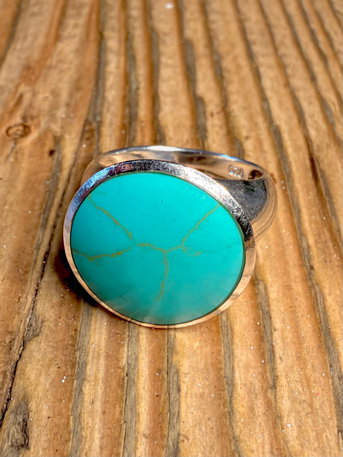 Blue Turquoise Circle 925 Sterling Silver Size P1/2 Ring