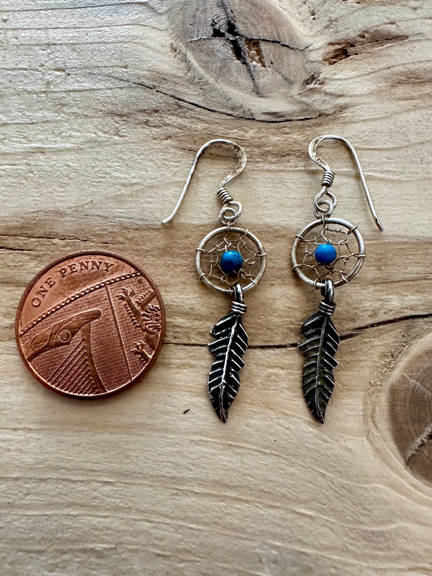 Vintage Turquoise Dreamcatcher and Leaf 925 Silver Earrings