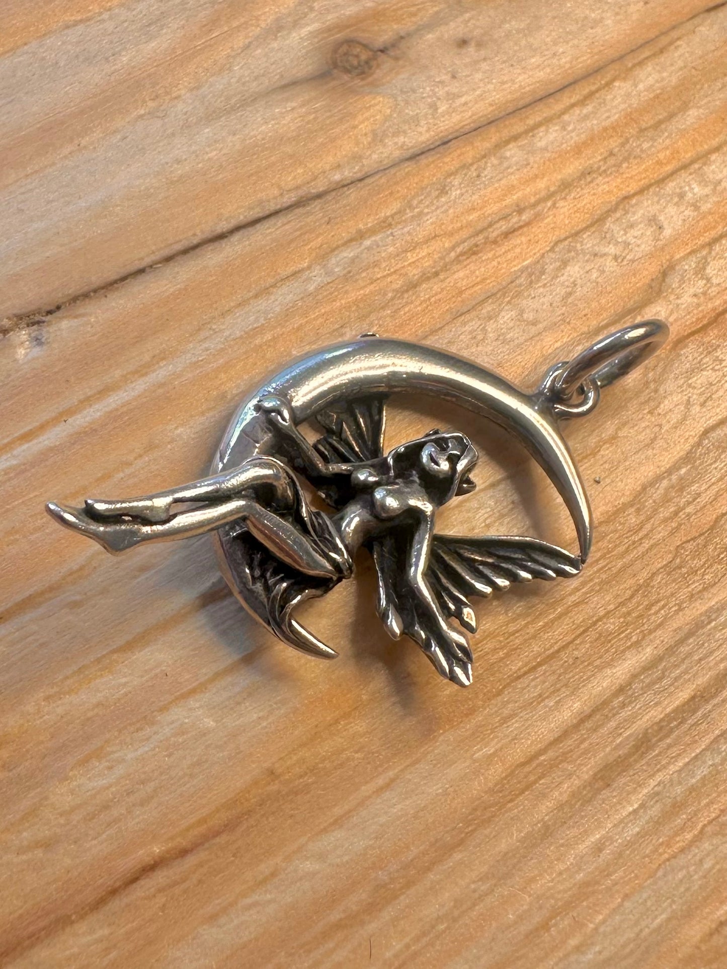 Vintage Fairy Sat on the Moon 925 Silver Pendant