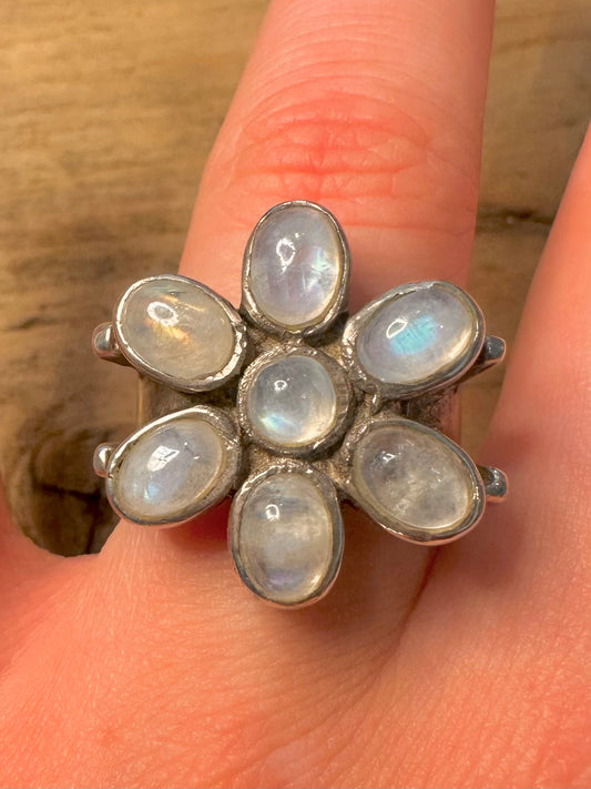 Modernist Moonstone Flower 925 Silver Size P1/2 Ring