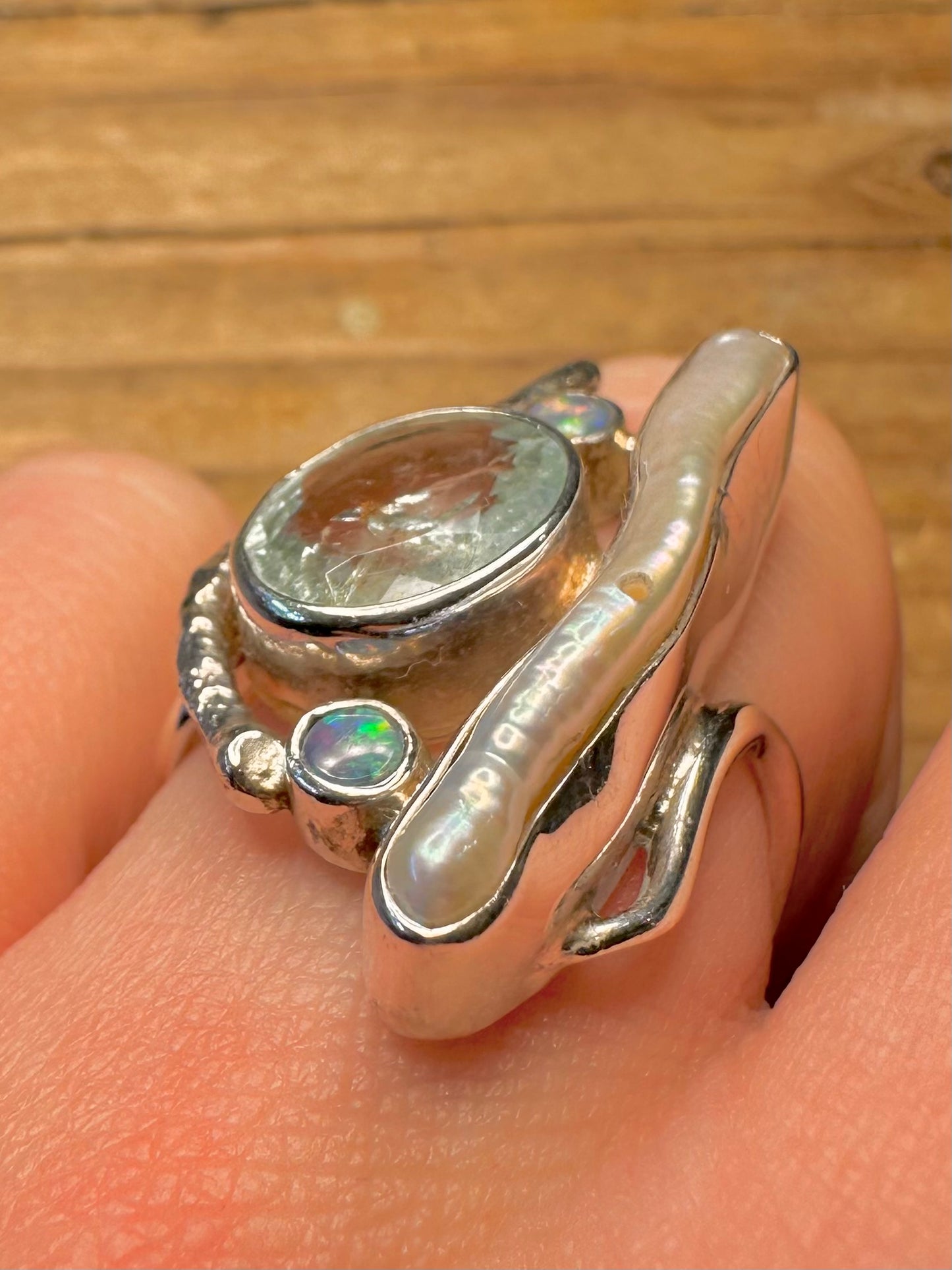 Modernist Pearl Blue Topaz Blue Opal Wavy Band 925 Sterling Silver Size Q Ring