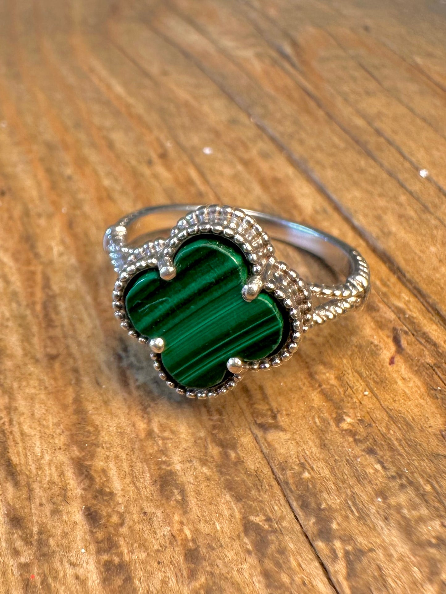 Malachite Clover 925 Sterling Silver Size T Ring