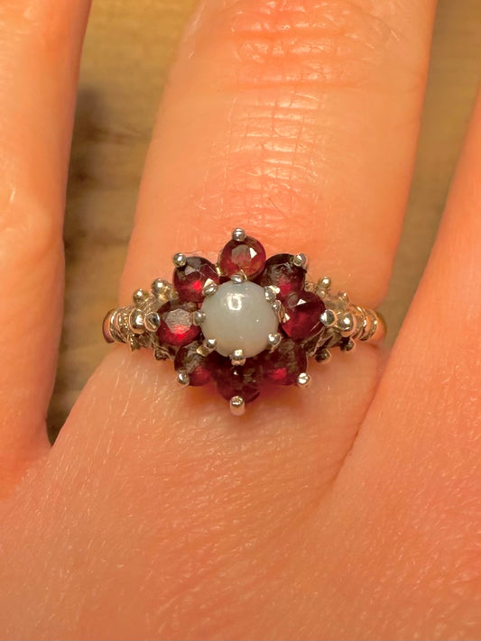 Vintage Opal and Garnet 925 Silver Size P Ring