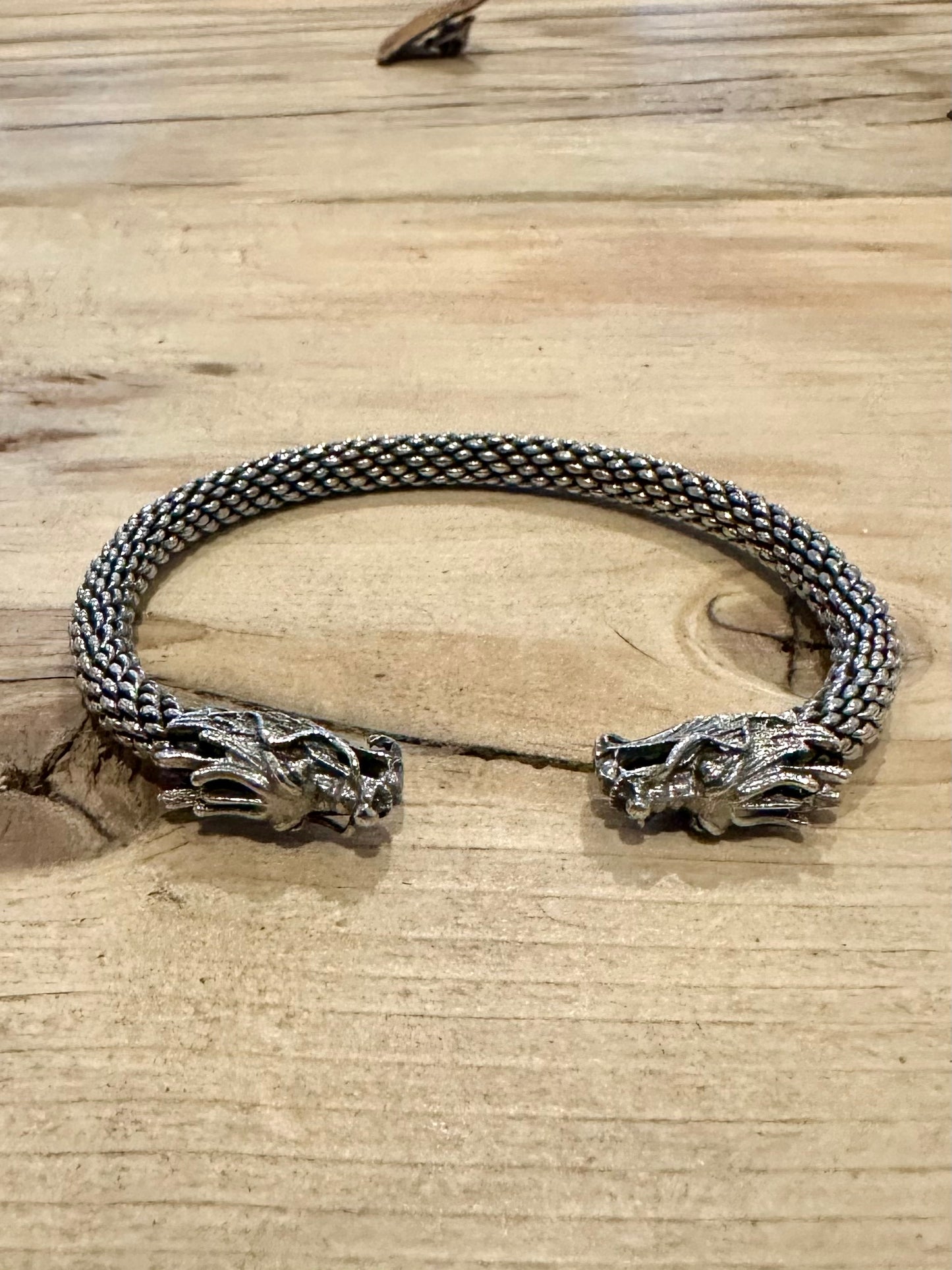 Vintage Double Dragon Woven Link 925 Silver Cuff Bangle