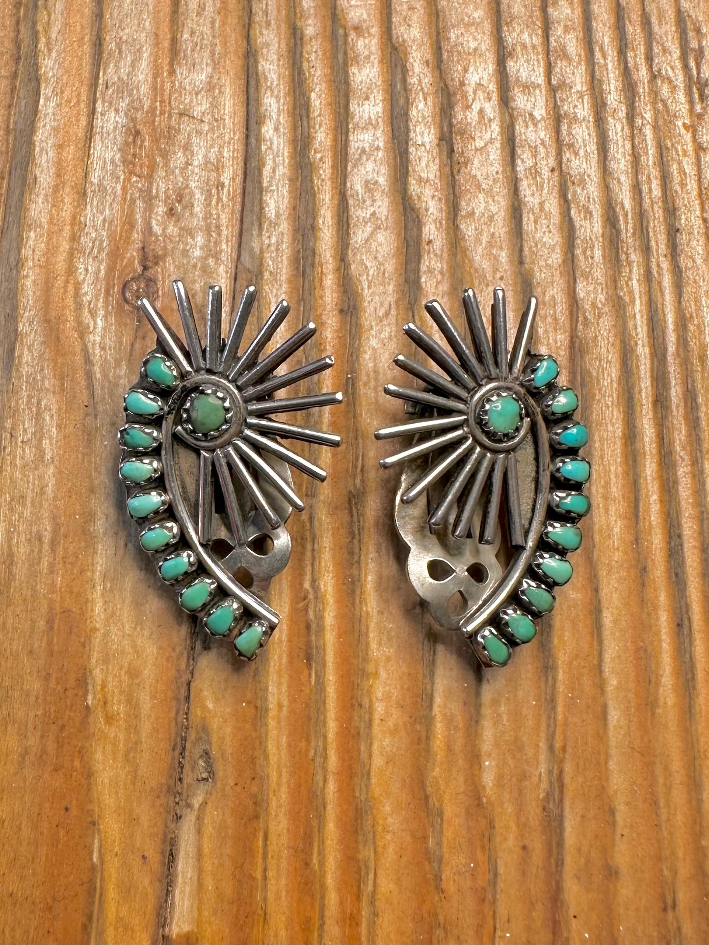Native American Zuni 1960’s Turquoise Sunburst Clip On PAT 196452 Silver Earrings