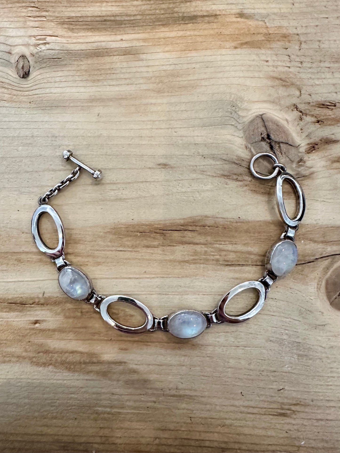 Abstract Moonstone Oval T Bar Clasp Nepal 925 Silver 7.5 inch Bracelet