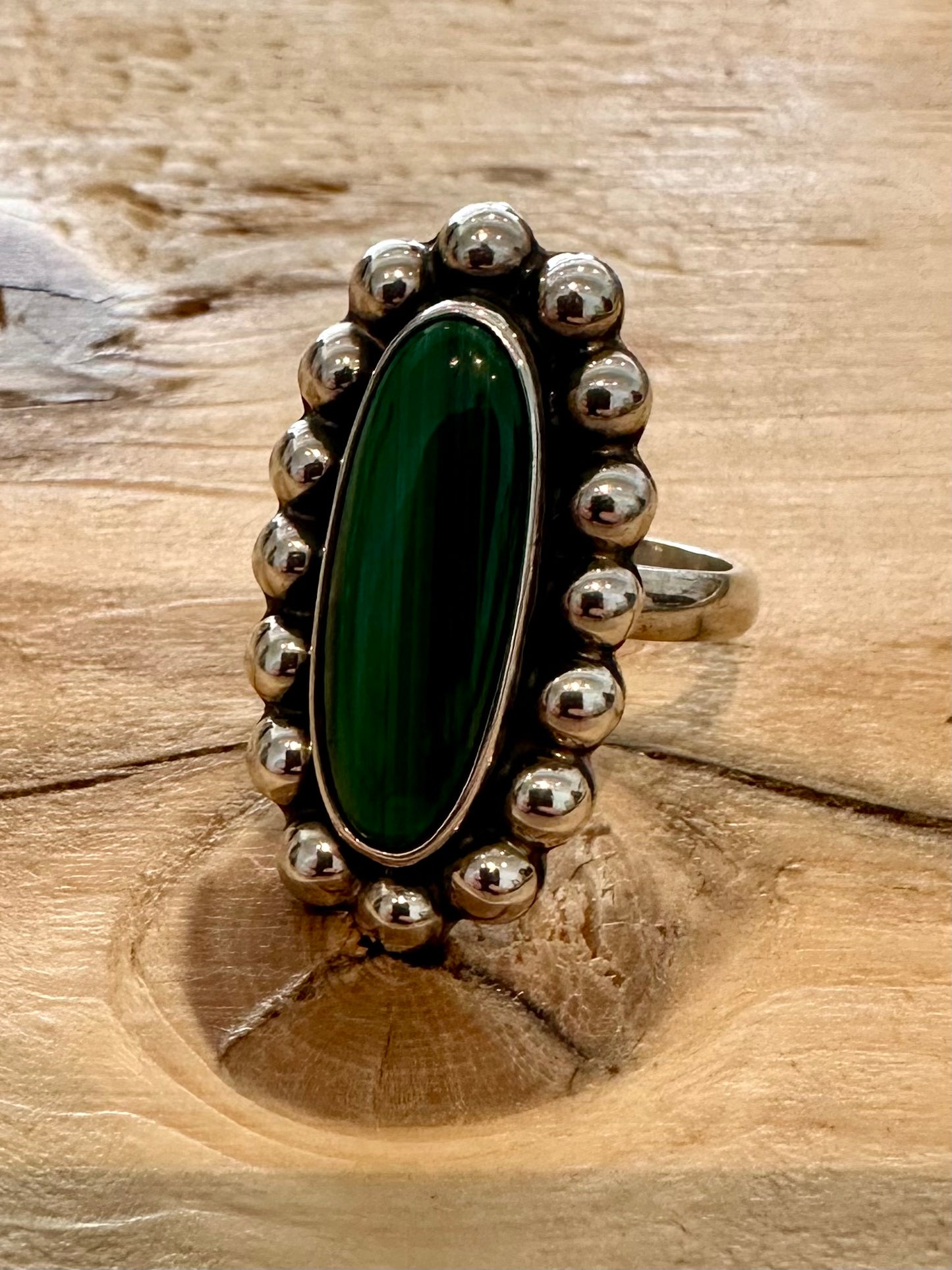 Vintage Long Malachite Tribal 925 Silver Size T Ring