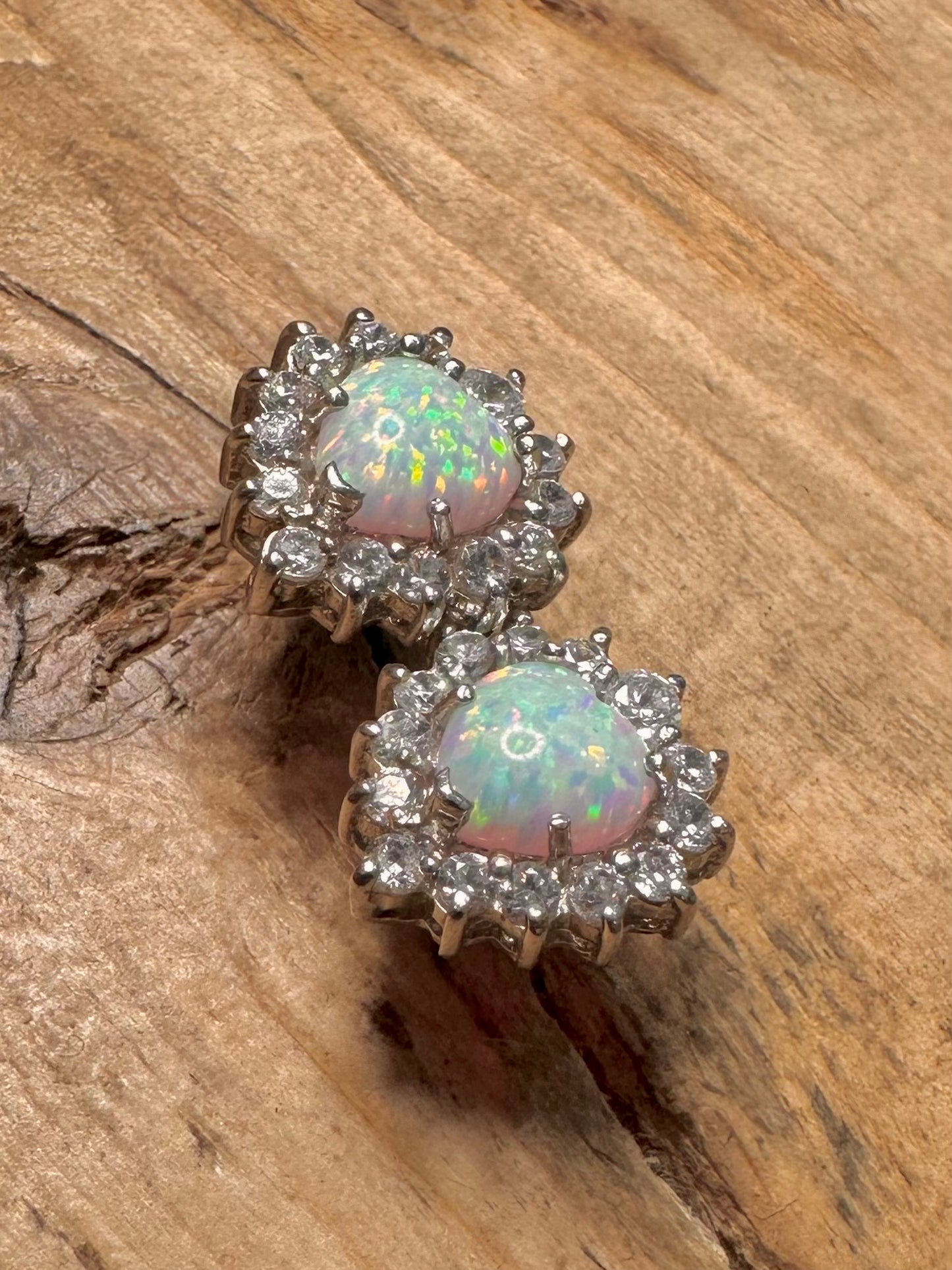 Modernist Opal and CZ Heart Shaped 925 Silver Stud Earrings