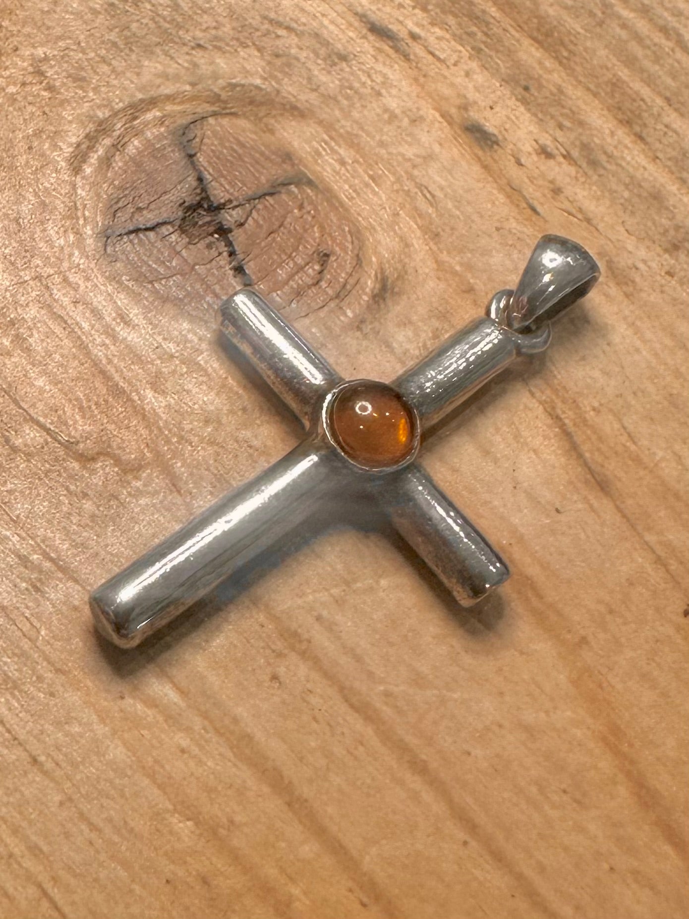 Vintage Orange Stone Cross 925 Silver Pendant