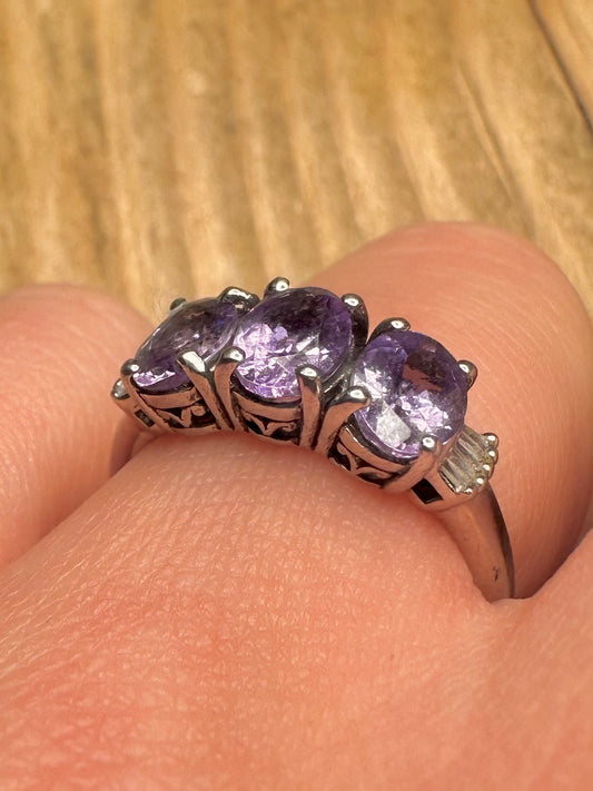 Vintage Amethyst and White Stone 925 Sterling Silver Size O1/2 Ring