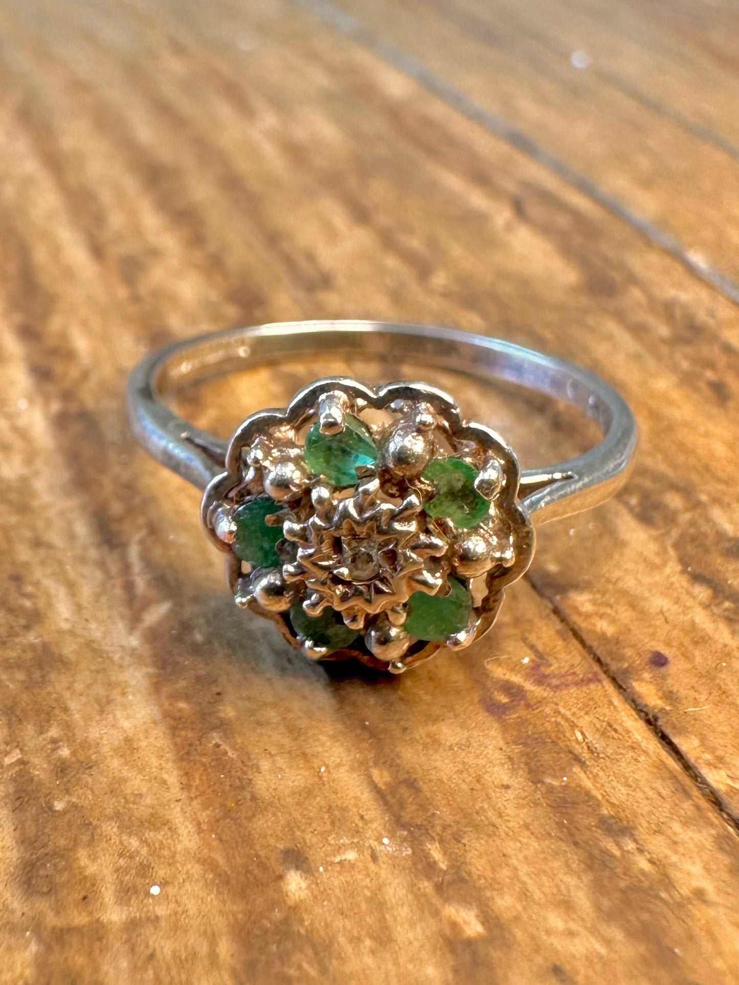 Diamond and Emerald 1979 Cluster 925 Sterling Silver Size N Ring