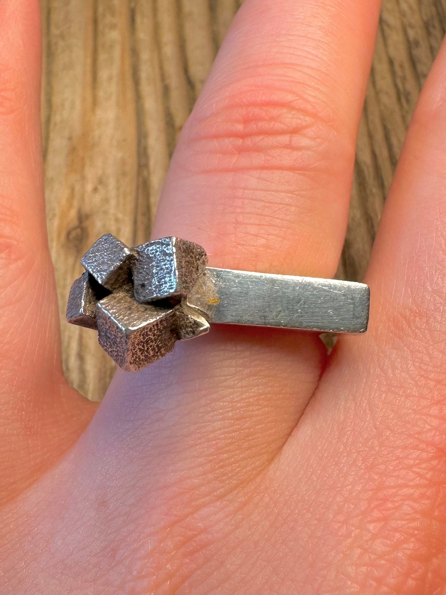 Brutalist Textured Cubes Square Band 925 Sterling Silver Size P Ring