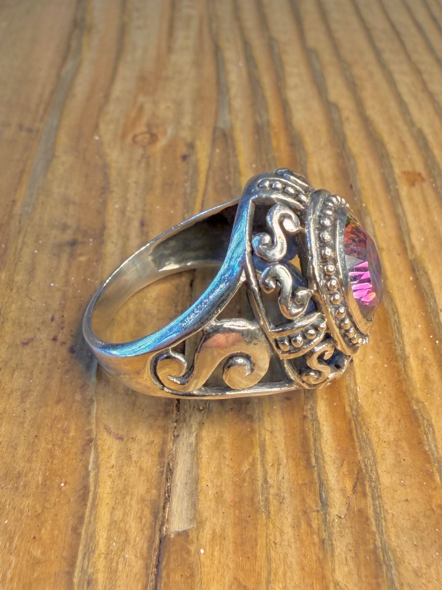 Mystic Topaz Ornate Filigree Swirl 925 Sterling Silver Size P Ring