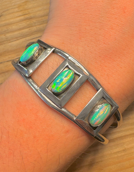 Vintage Opal 925 Sterling Silver Cuff Bangle