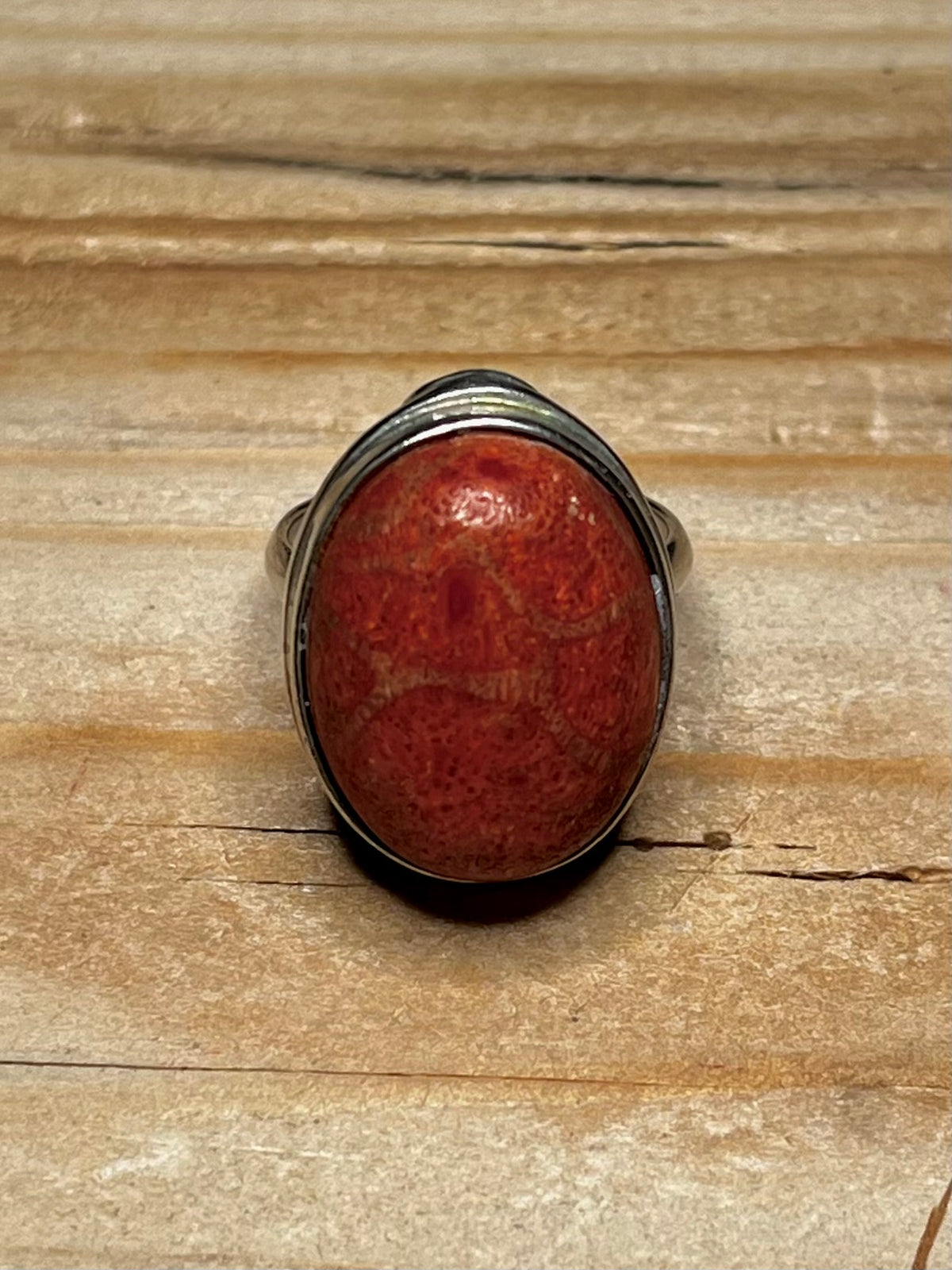 Oval Coral 925 Sterling Silver Size N Ring