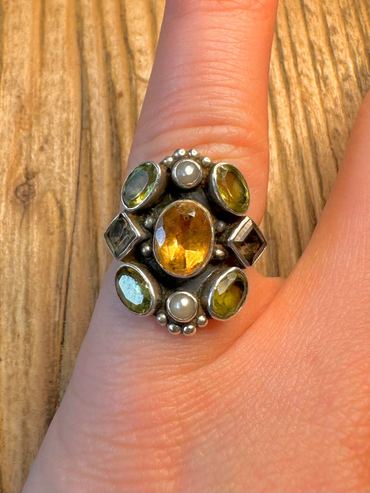 Citrine Peridot Smokey Quarts Pearl 925 Sterling Silver Size L Ring