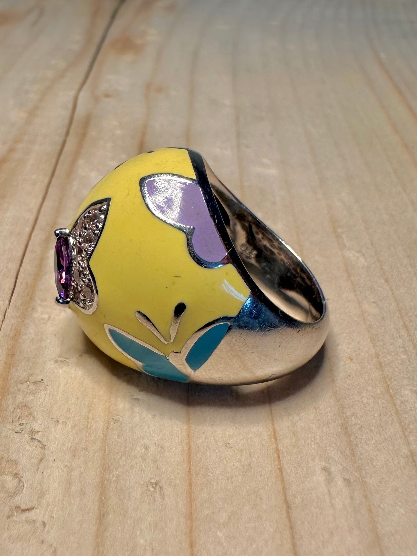 Belle Etoile Yellow Enamel Butterfly 925 Sterling Silver Size S Ring