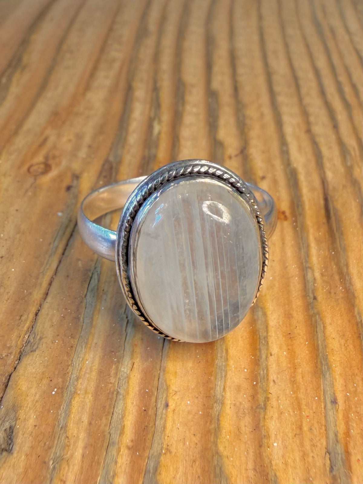 Oval Moonstone Rope Border 925 Sterling Silver Size X1/2 Ring