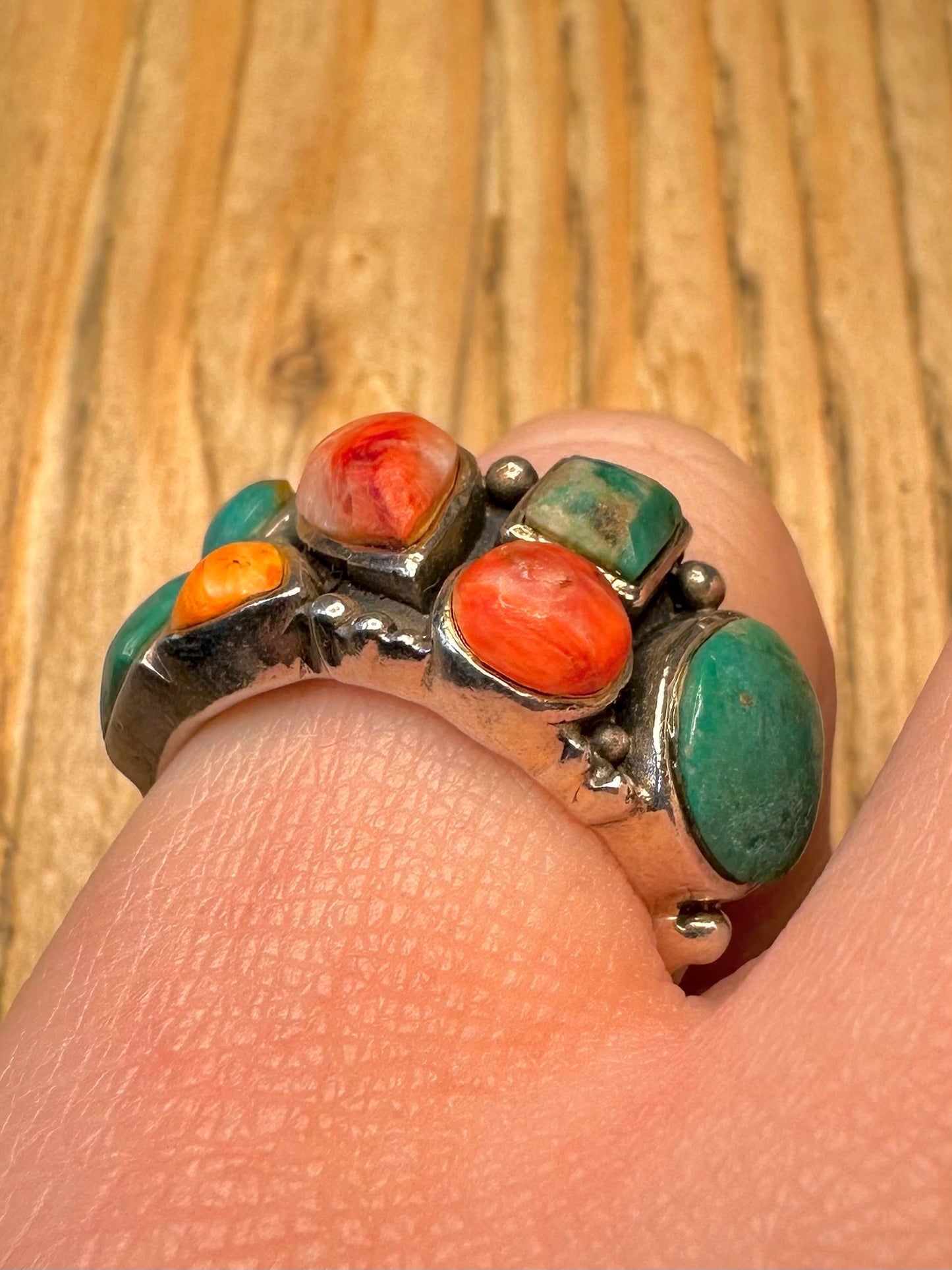Vintage Multi Gemstone Navajo Style Band 925 Sterling Silver N Ring