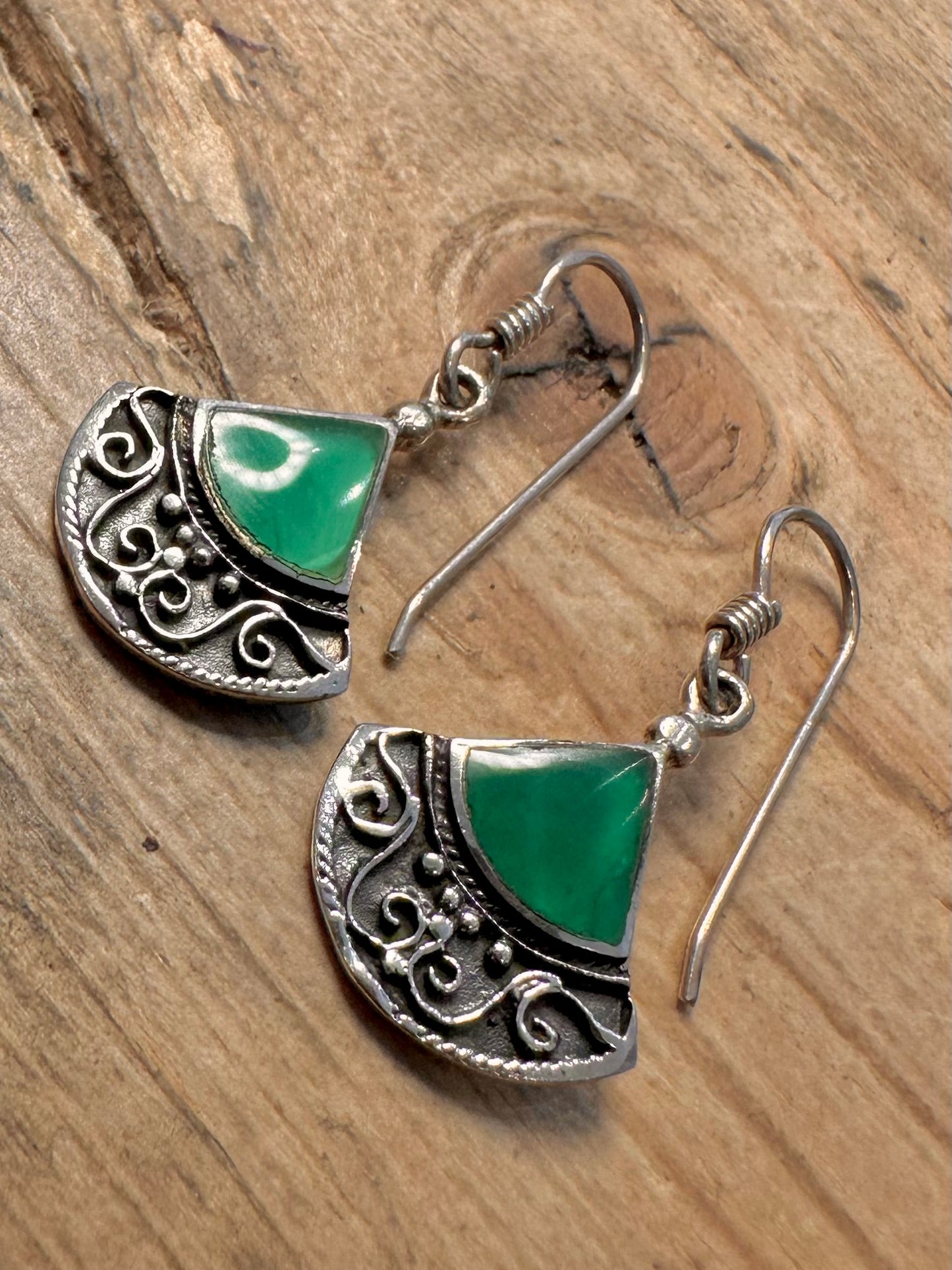 Vintage Chrysoprase Boho 925 Silver Earrings