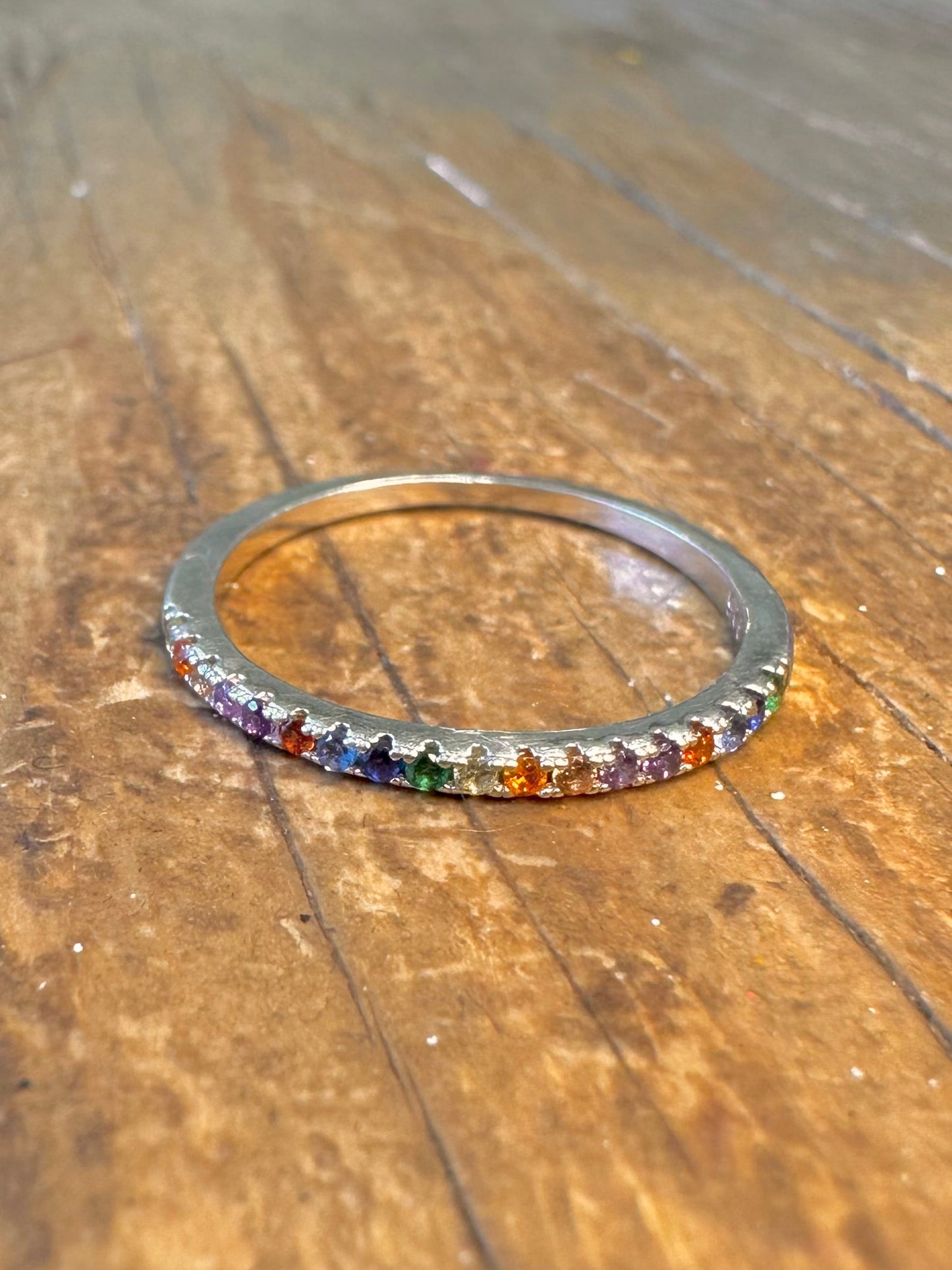 Rainbow Stones Eternity 925 Sterling Silver Size O Ring