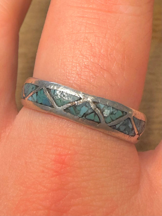 Vintage Turquoise Inlay 925 Silver Size X Ring