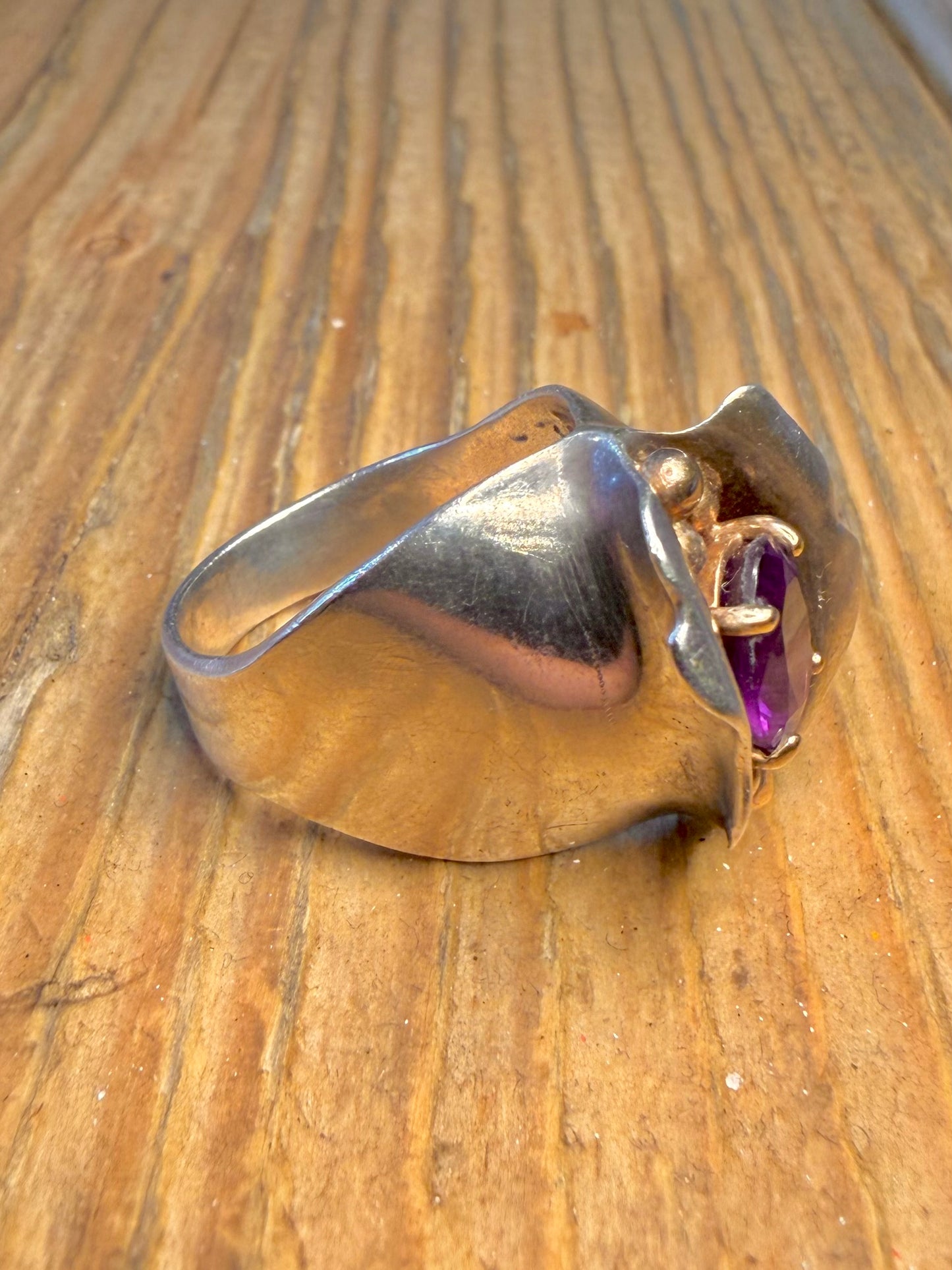 Abstract Handmade Amethyst and 14ct Gold Balls Maker JG 925 Sterling Silver Size M1/2 Ring