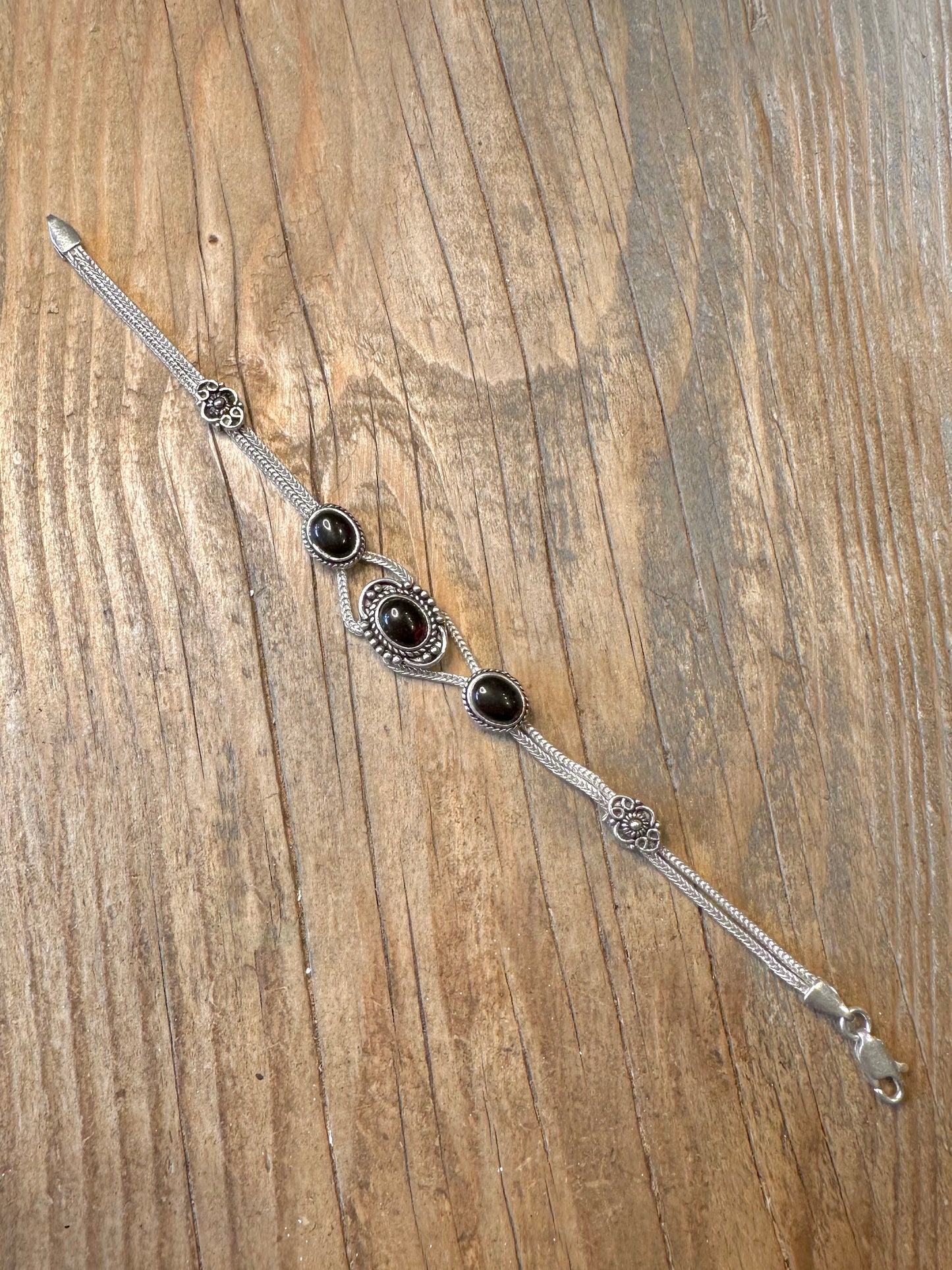 Garnet Beaded Border Fox Tail Chain 925 Sterling Silver 7.5 inch Bracelet