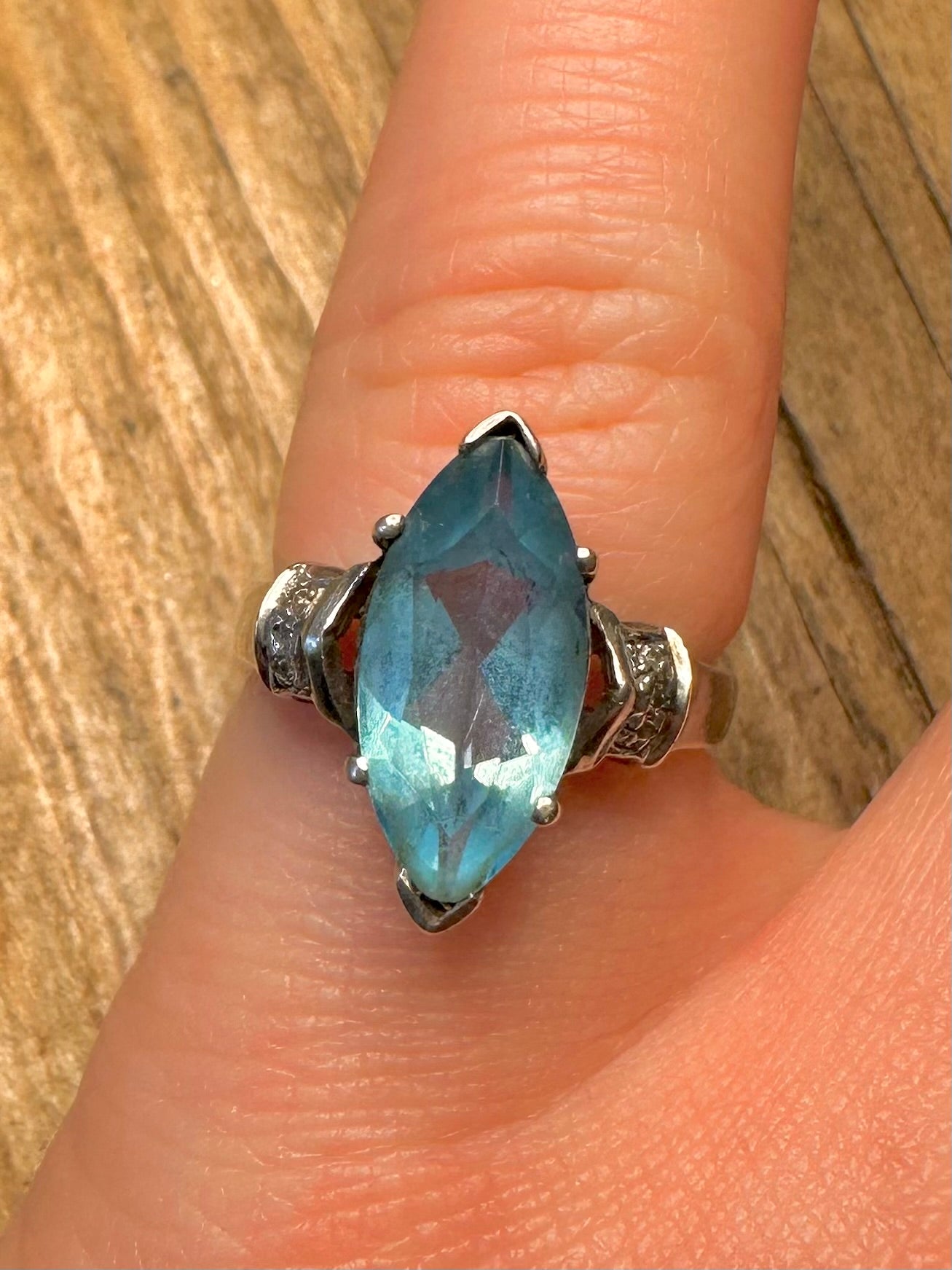 Vintage Marquise Cut Blue Topaz and CZ 925 Sterling Silver Size K Ring