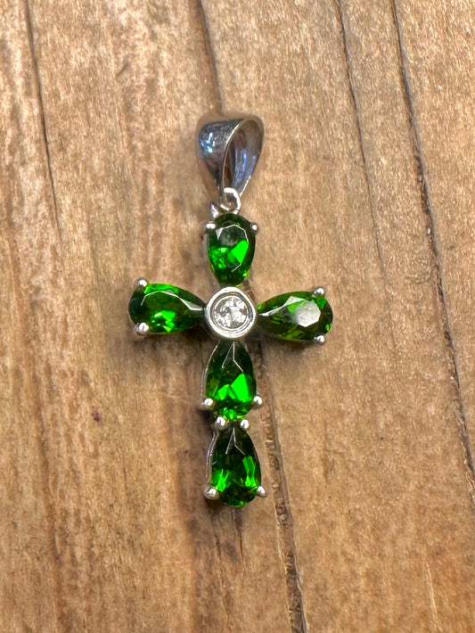 Modern Green and White CZ Cross 925 Sterling Silver Pendant