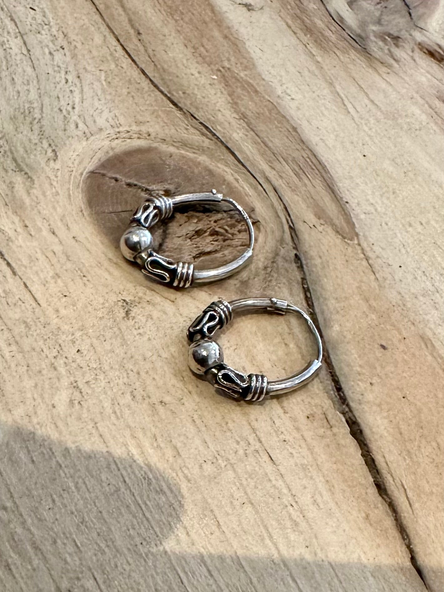 Vintage Small Oval Tribal 925 Silver Hoop Earrings