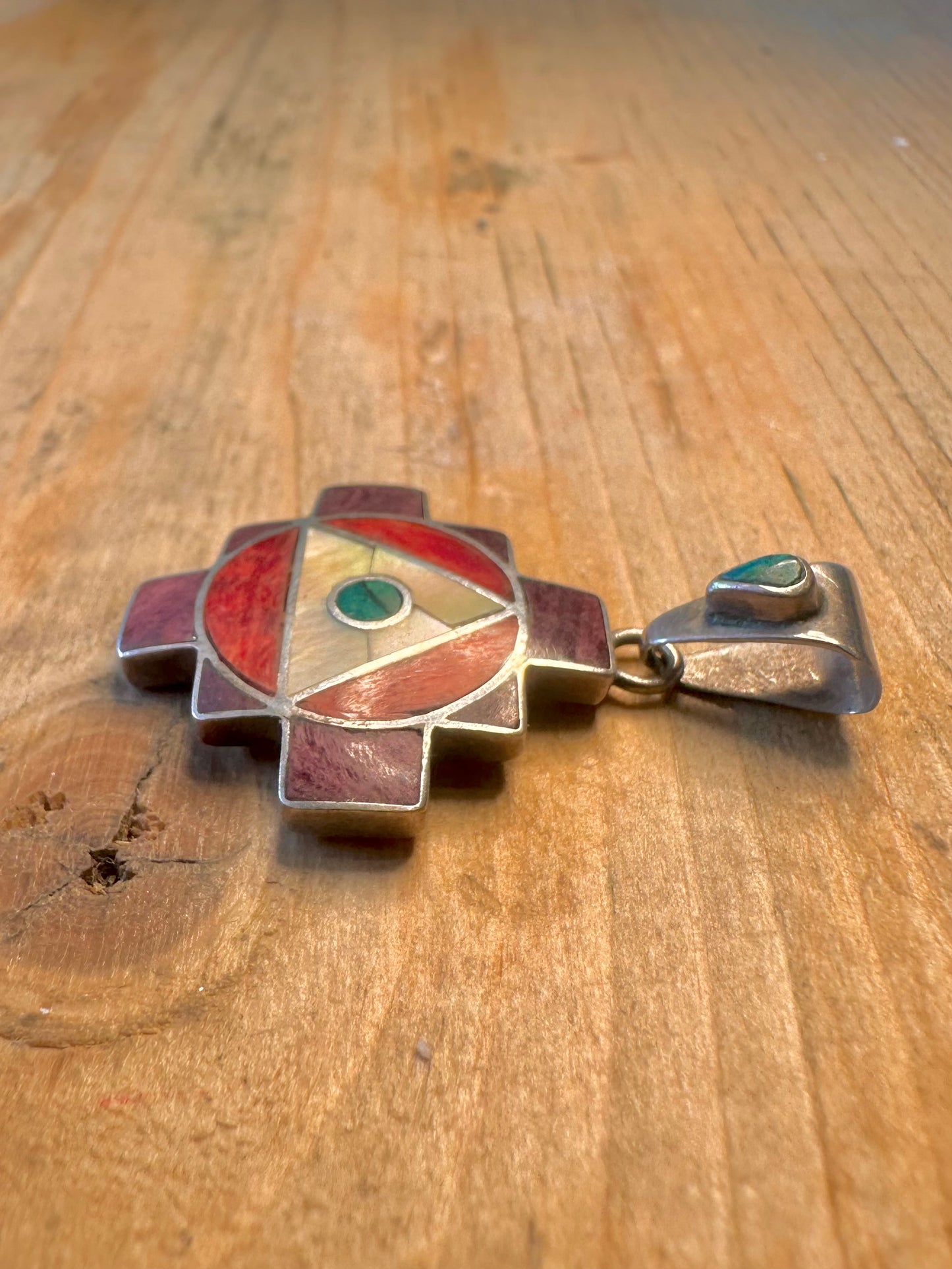 Peruvian Chakana Mother of Pearl Coral Turquoise 950 Silver Pendant