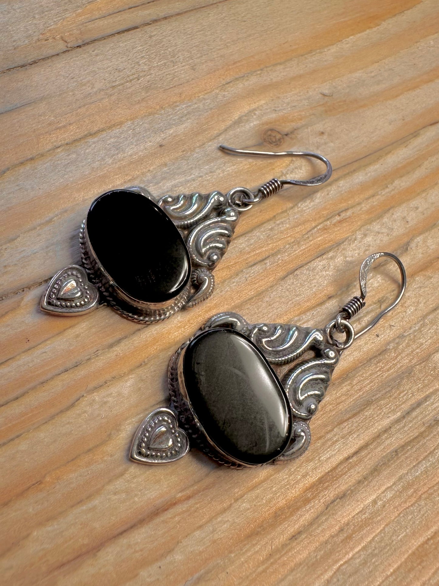 Vintage Ornate Onyx Dangle 925 Sterling Silver Earrings
