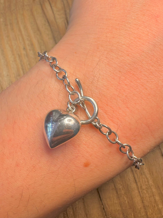 Vintage Belcher Chain Heart T Bar 925 Sterling Silver 7.5 inch Bracelet