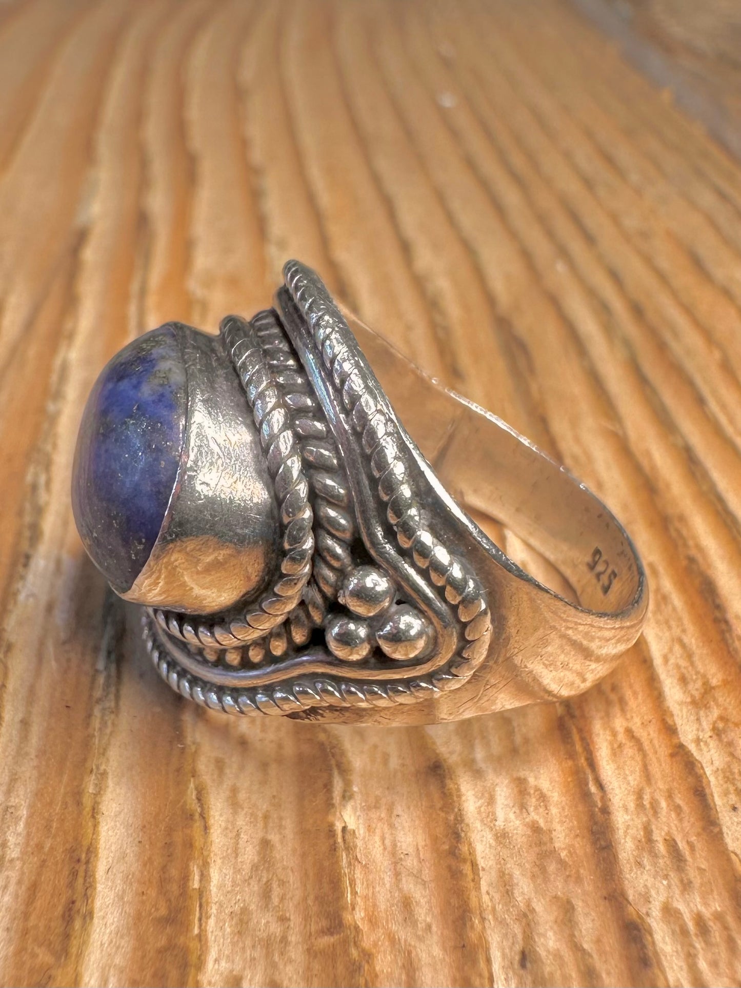 Vintage Lapis Tribal 925 Sterling Silver size P Ring