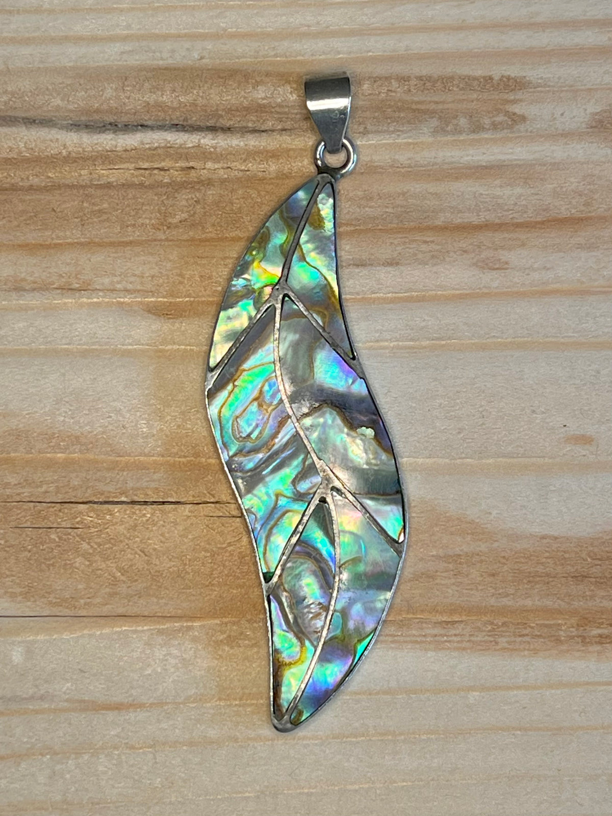 Large Leaf Shaped Abalone Shell 925 Sterling Silver Pendant