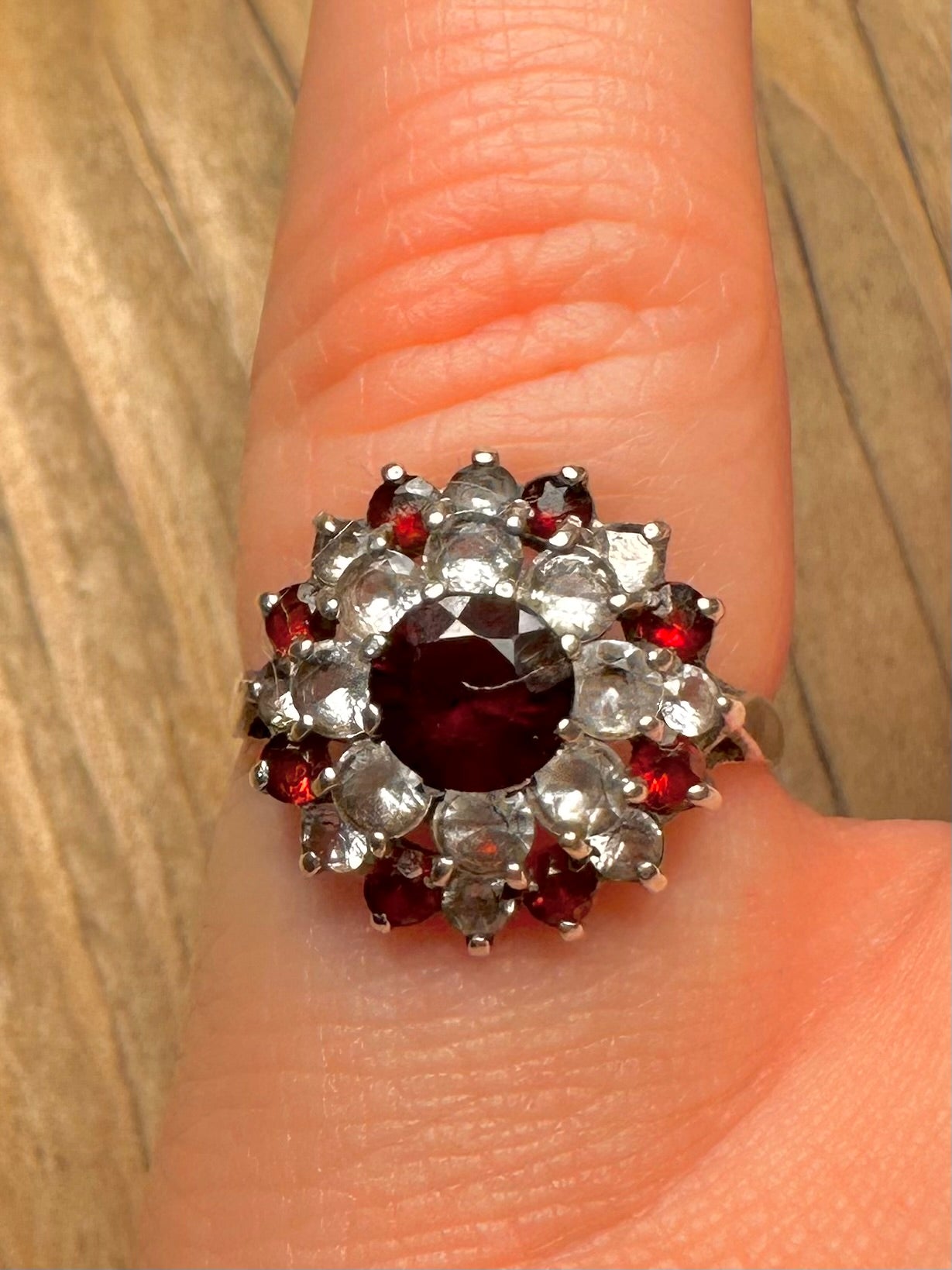 Vintage Red and White Stone Cluster 925 Sterling Silver Size K Ring