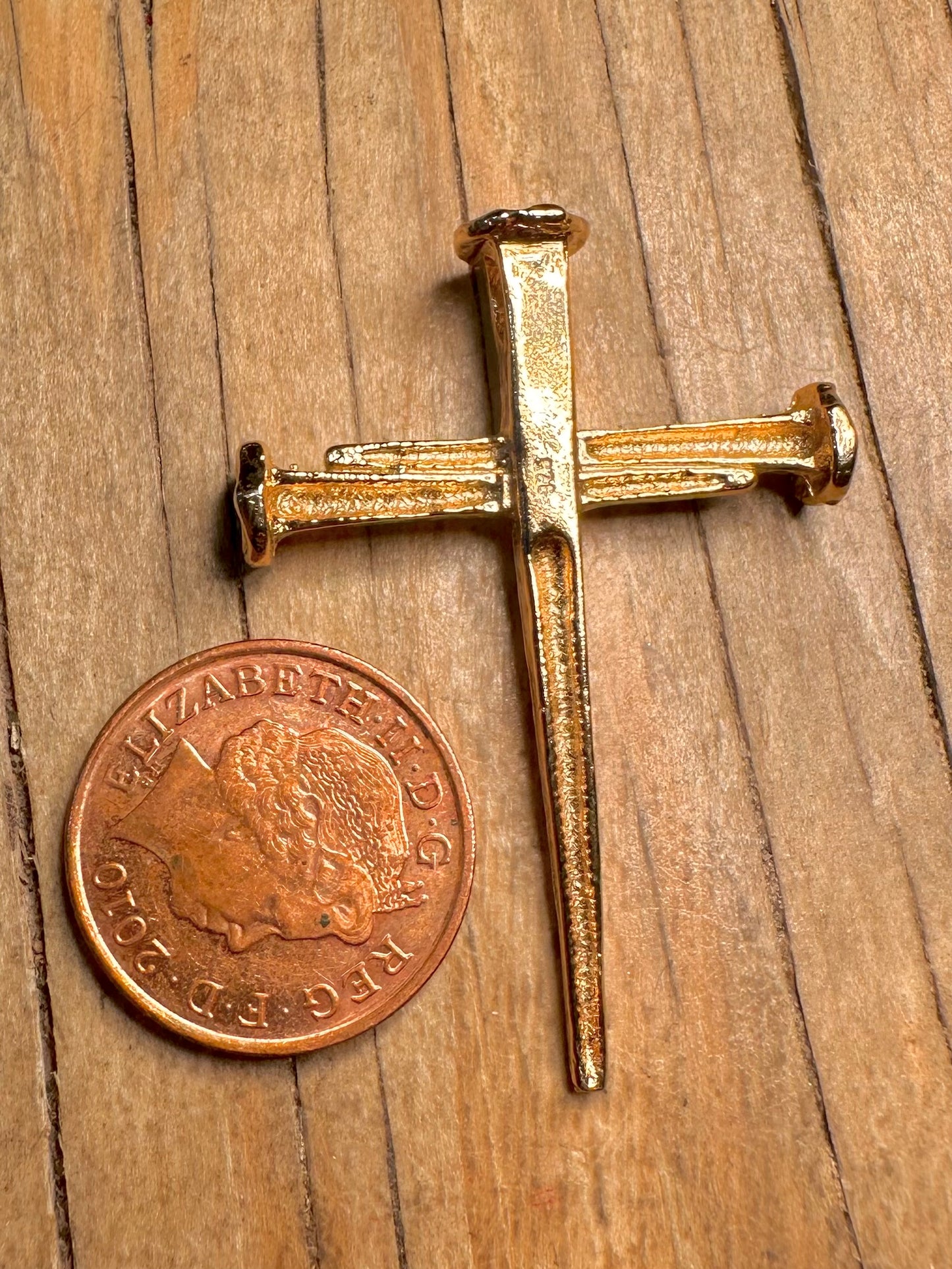 Vintage Textured Nail Cross Gold on 925 Sterling Silver Pendant