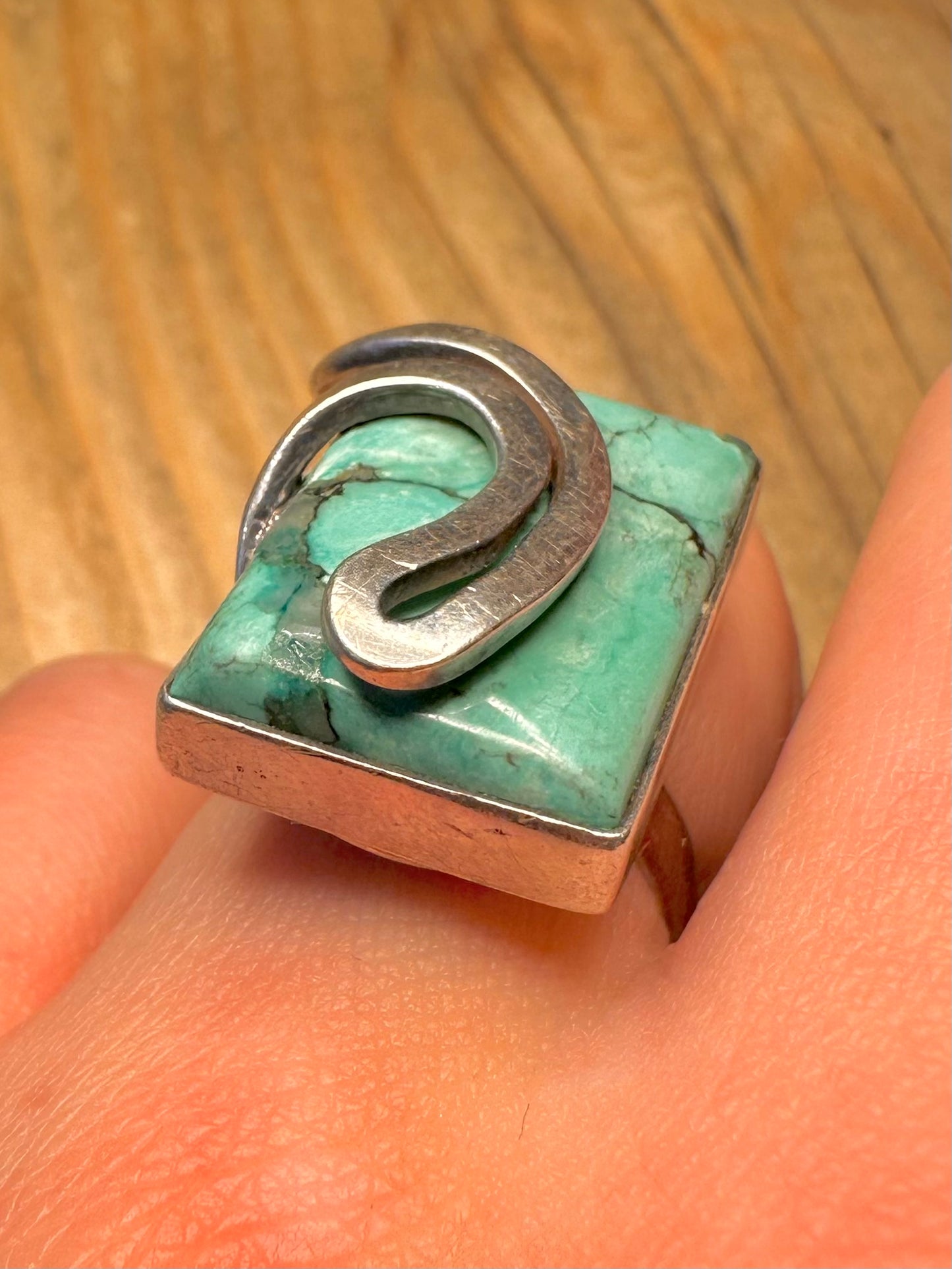 Abstract Wavy Turquoise Rectangle 925 Sterling Silver Size Q Ring