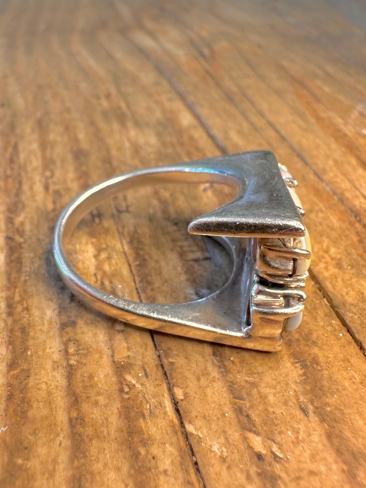 Abstrakter mehrfarbiger Perlmutt-Ring aus 925er Sterlingsilber Größe R