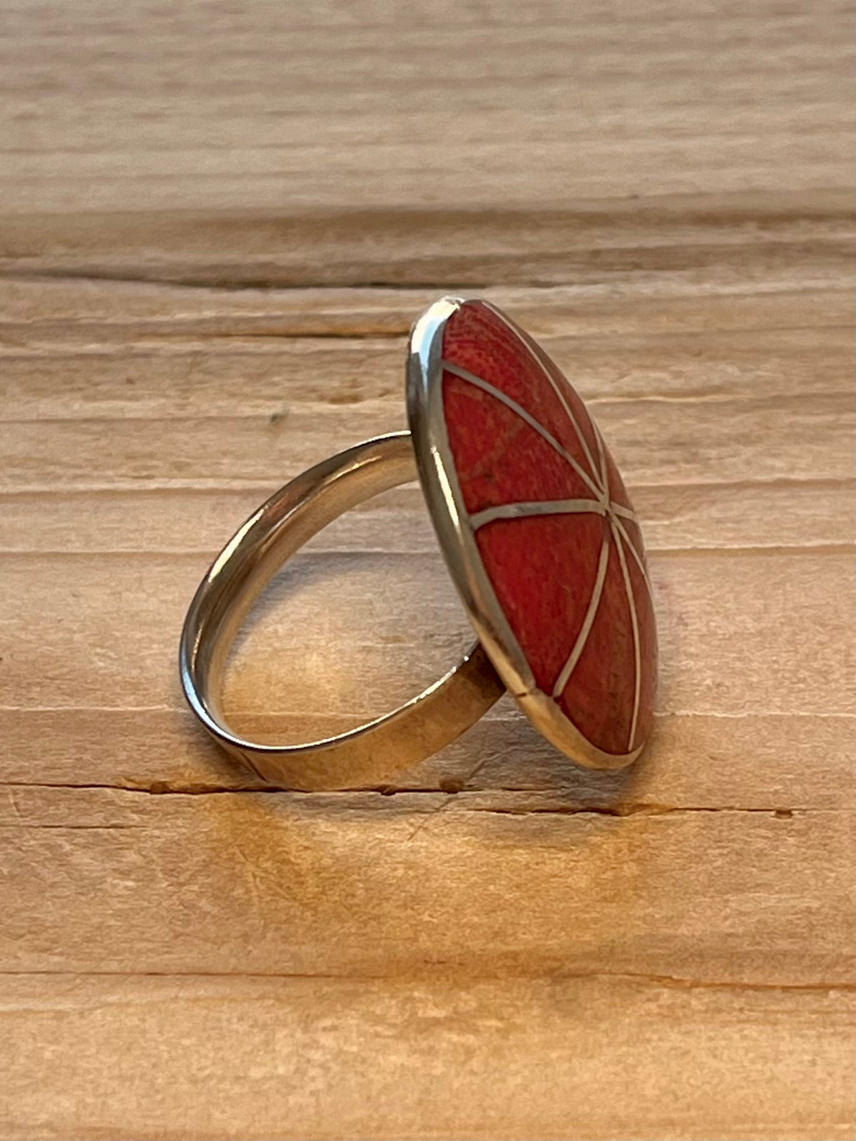 Circular Coral 925 Sterling Silver Size Q Adjustable Ring