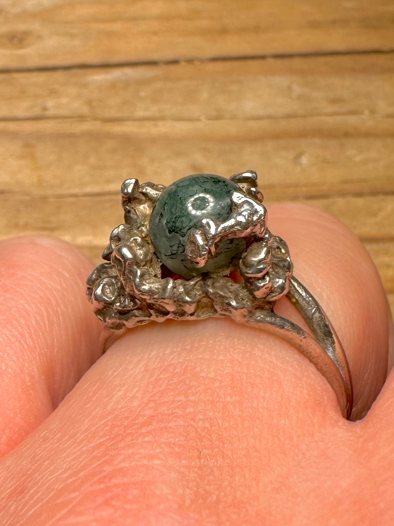 Brutalist Moss Agate Ball 925 Sterling Silver Size O1/2 Ring