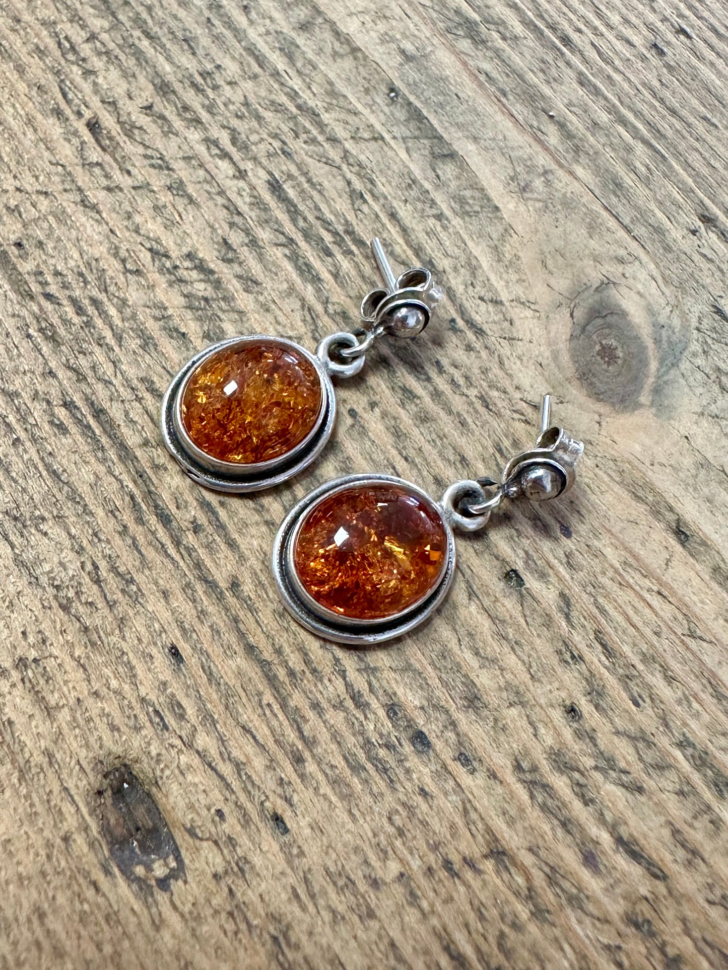 Vintage Oval Amber Dangle 925 Silver Earrings