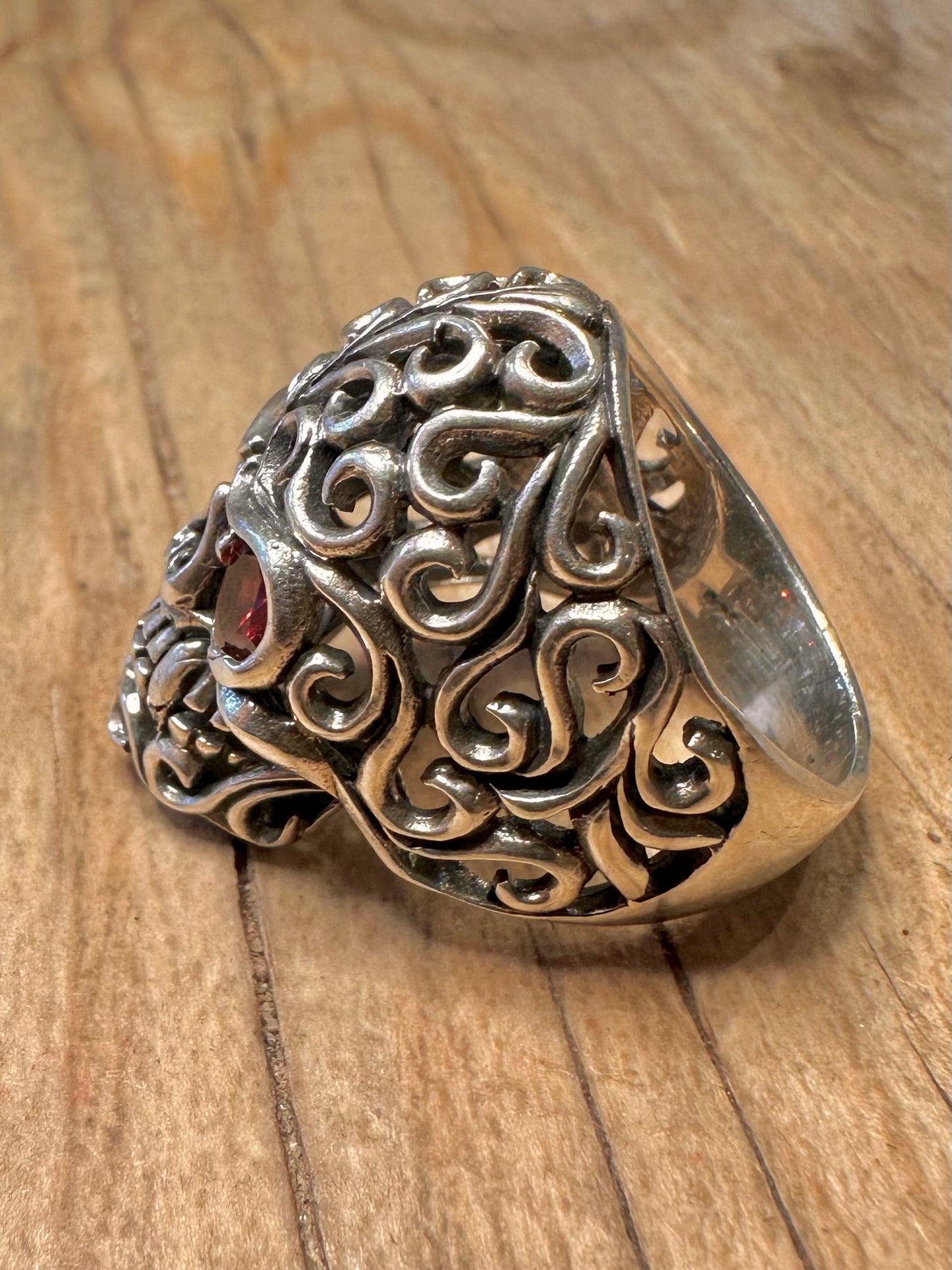 Vintage Skull Filigree Red Stone Eyes 925 Sterling Silver Size P Ring