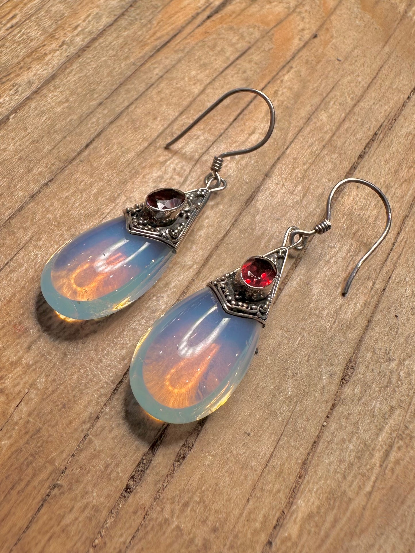 Vintage Opalite and Garnet 925 Sterling Silver Earrings